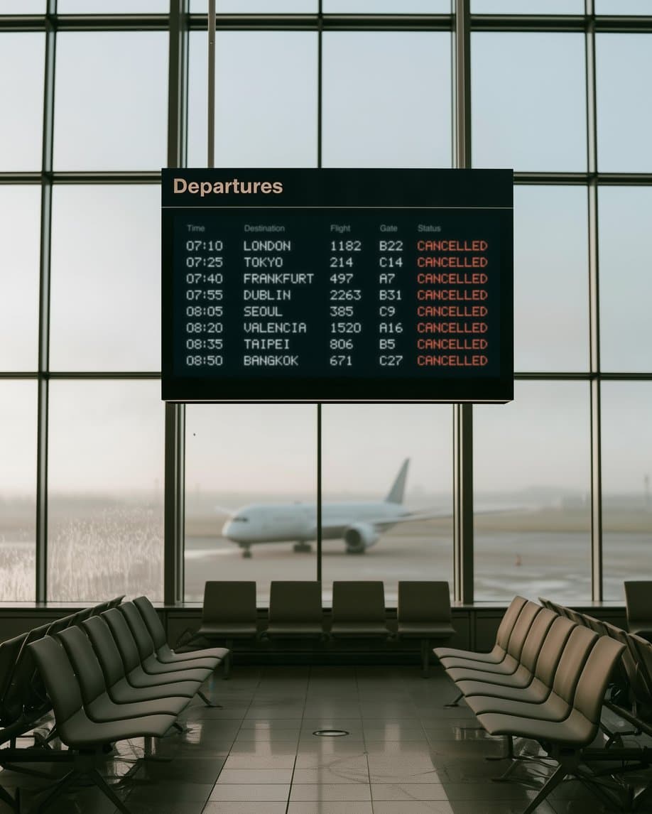 A departures board with every flight canceled, empty seats below and a plane beyond the glass