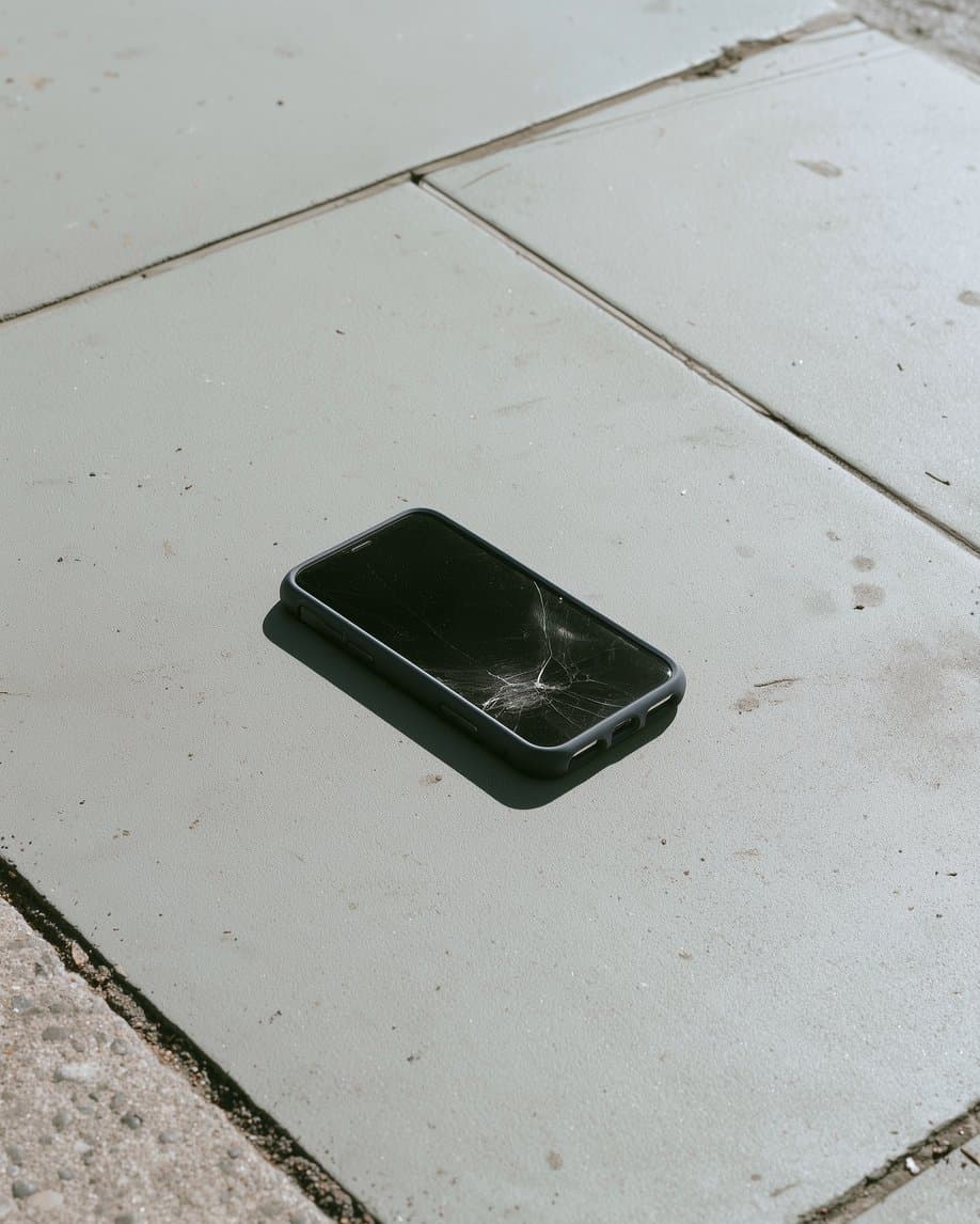 A phone with a cracked screen, dropped face up on paving stones