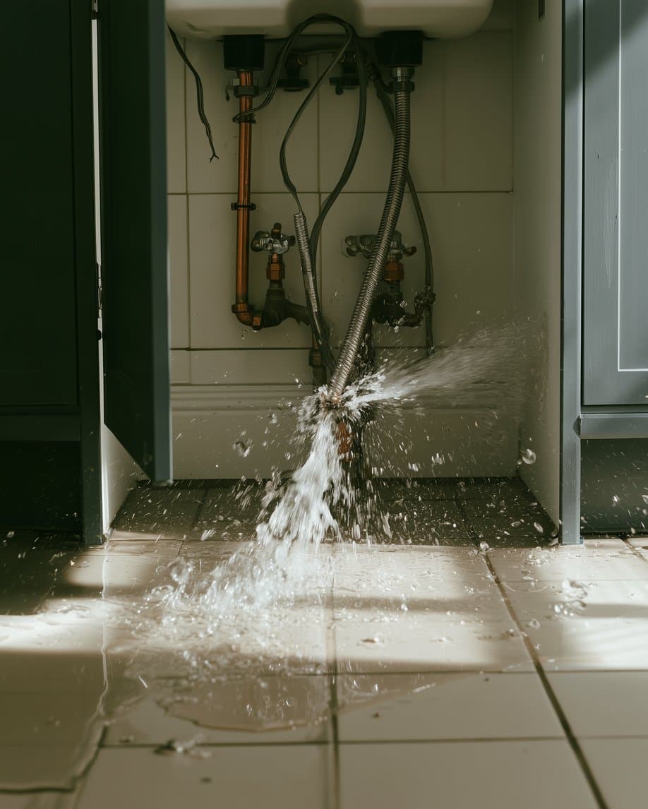 Water spraying from a burst hose under a kitchen sink onto the tiled floor