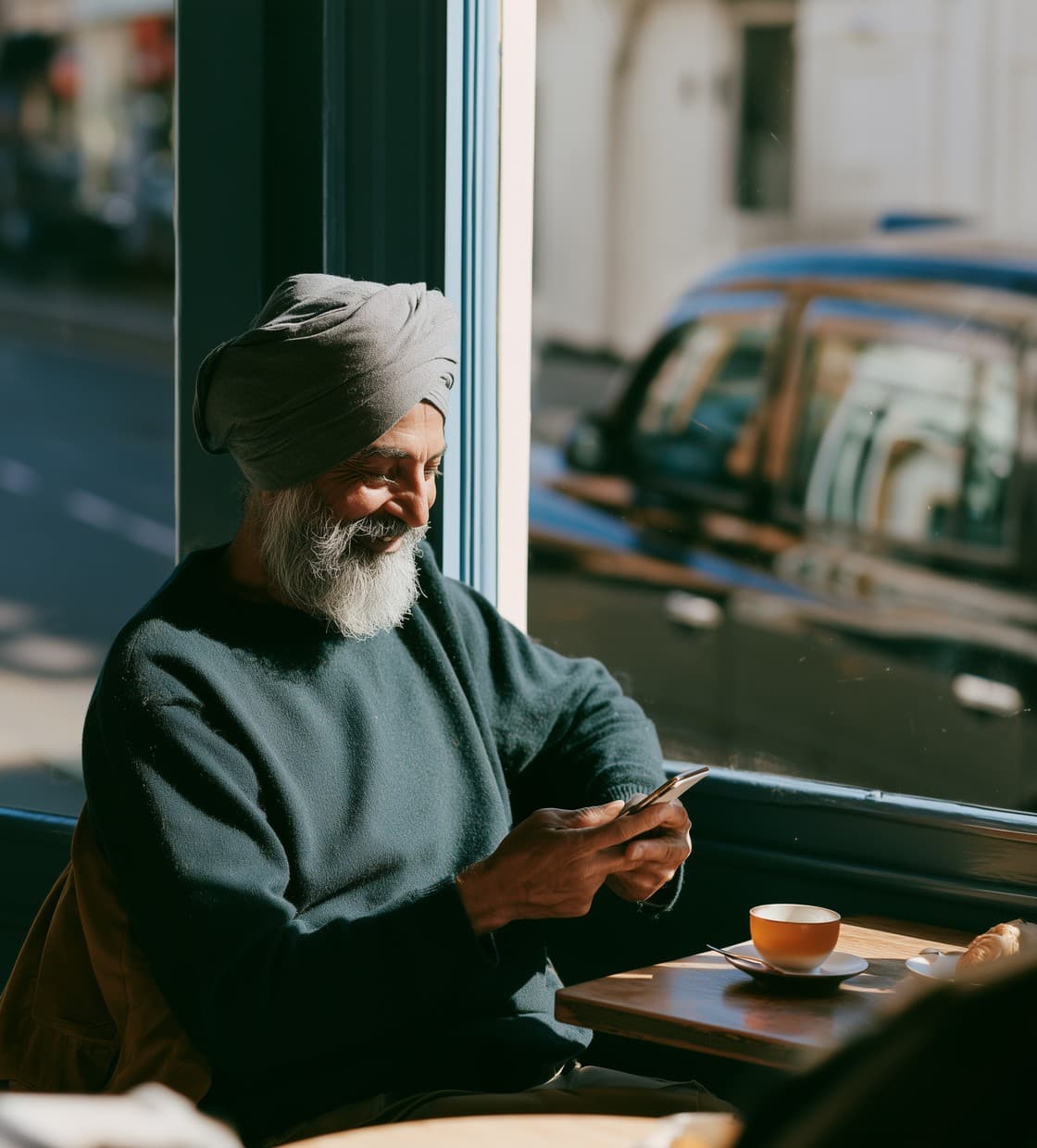Taxi driver reading a message on his tea break